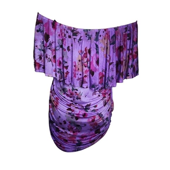 Venus Top Womens Plus Size 1X Purple Floral Pullover Ruched Side Off Shoulder - Picture 3 of 6